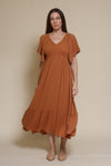 In Loom flutter sleeve smocked midi dress, in earthen.