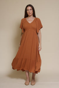 In Loom flutter sleeve smocked midi dress, in earthen.