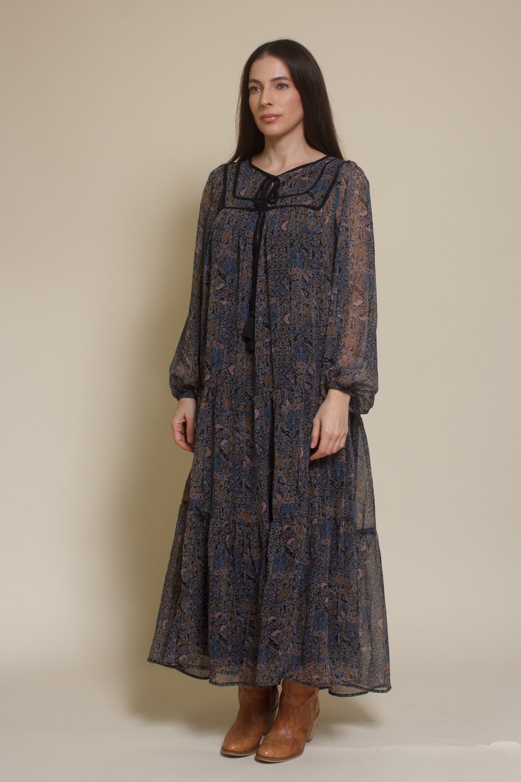 In Loom medallion print long sleeve midi dress, in black multi.