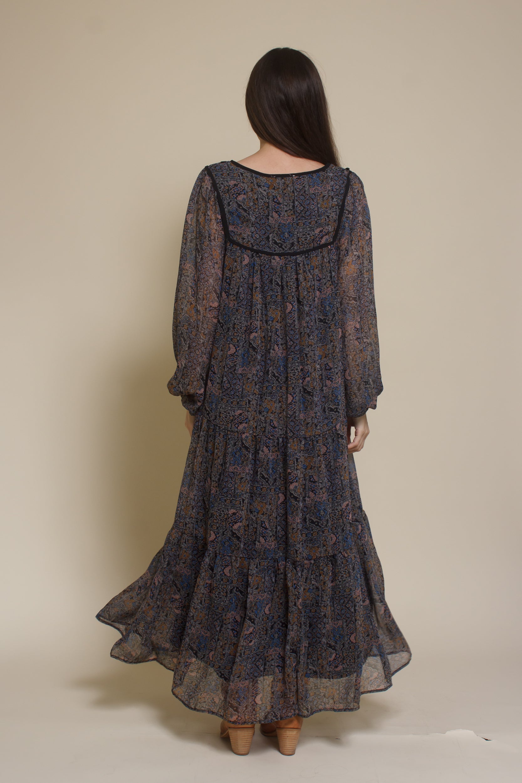 In Loom medallion print long sleeve midi dress, in black multi.