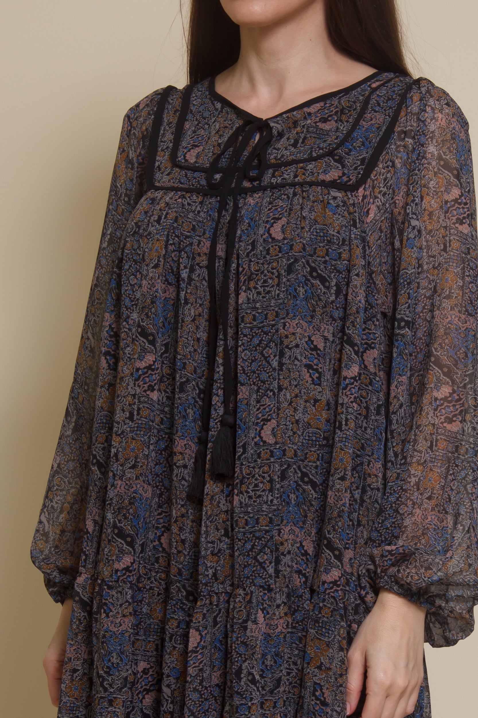 In Loom medallion print long sleeve midi dress, in black multi.