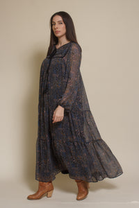In Loom medallion print long sleeve midi dress, in black multi.
