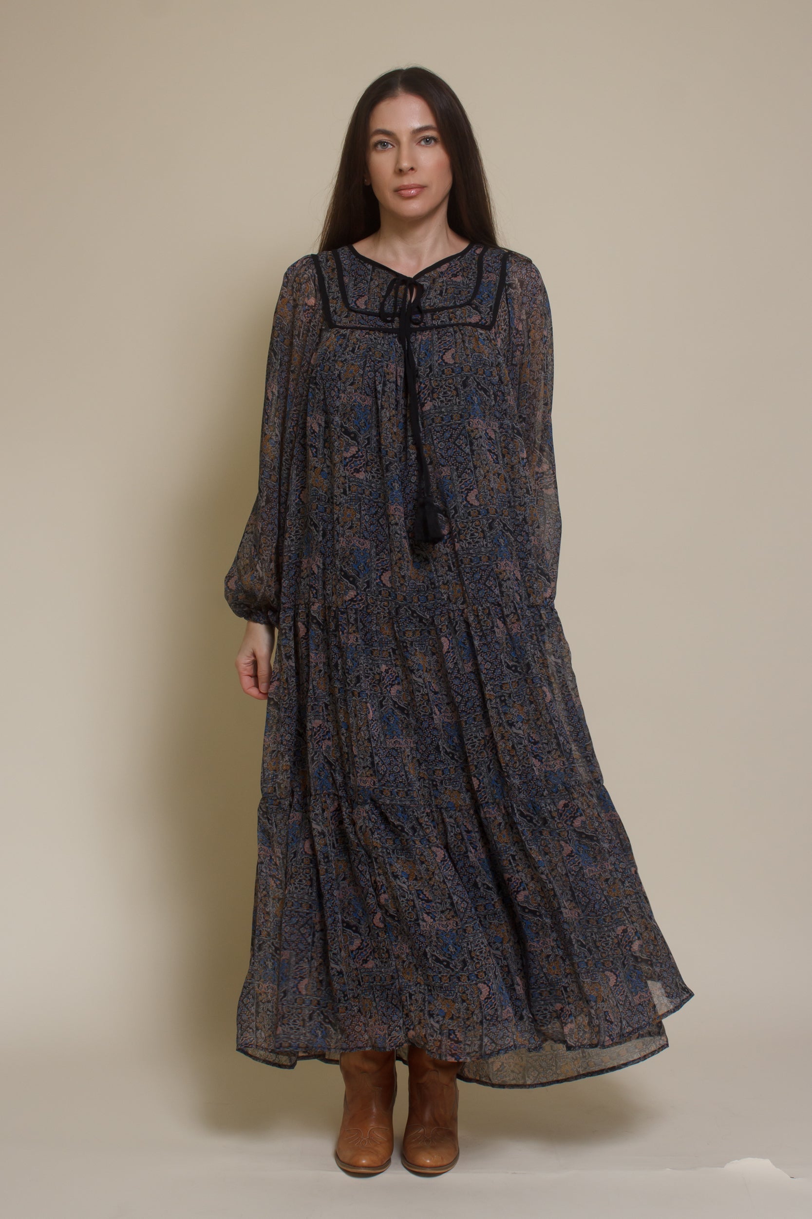 In Loom medallion print long sleeve midi dress, in black multi.
