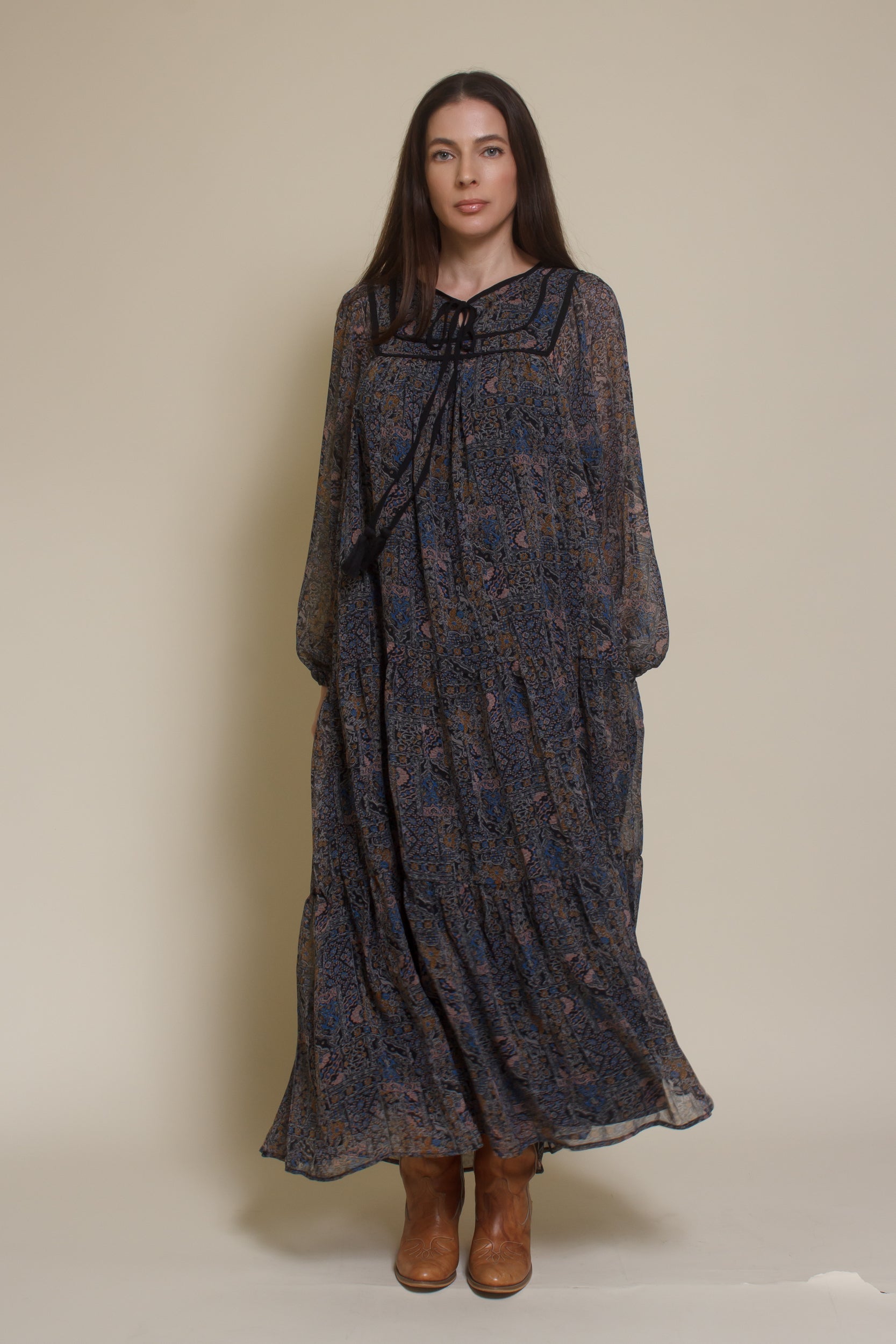 In Loom medallion print long sleeve midi dress, in black multi.