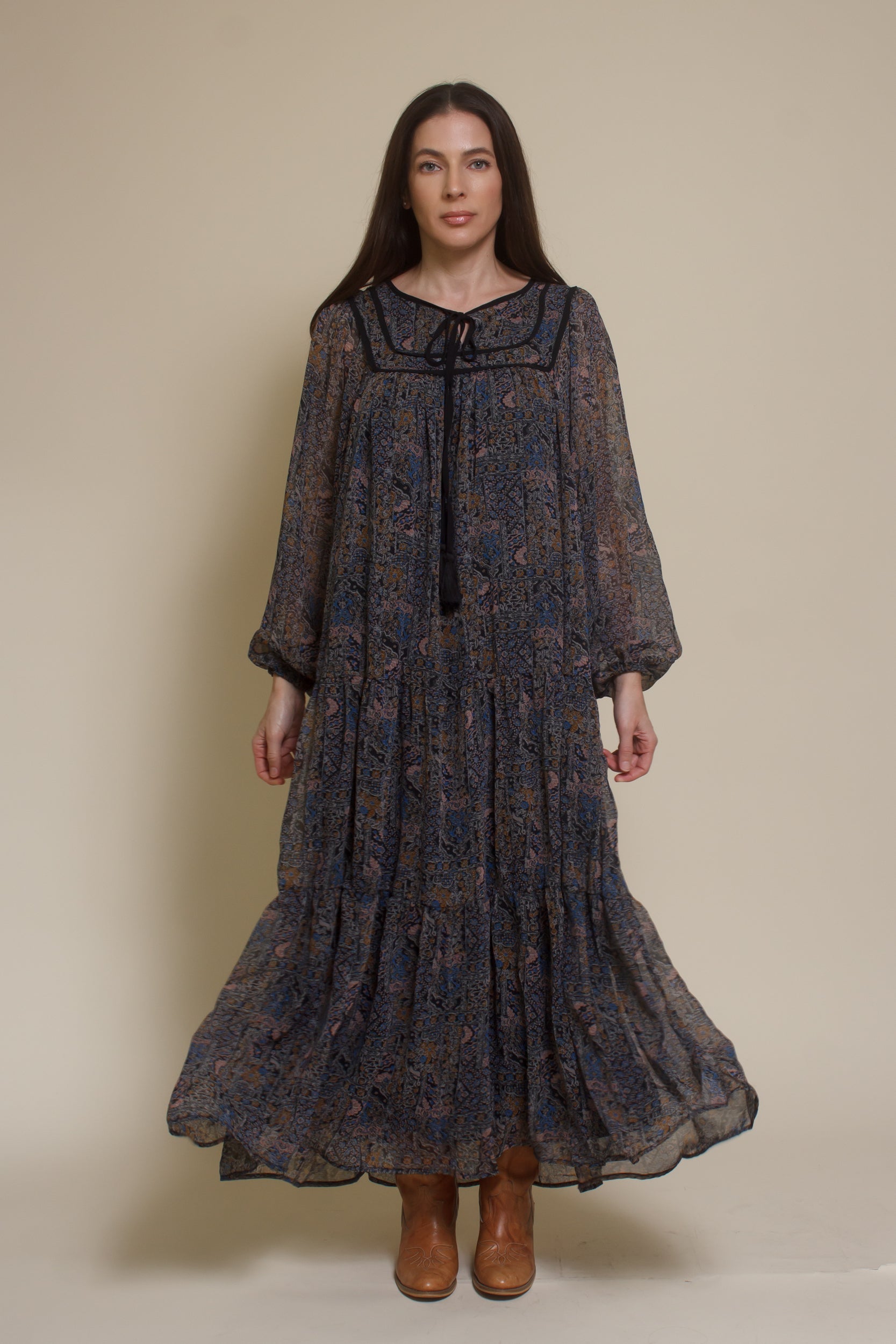 In Loom medallion print long sleeve midi dress, in black multi.