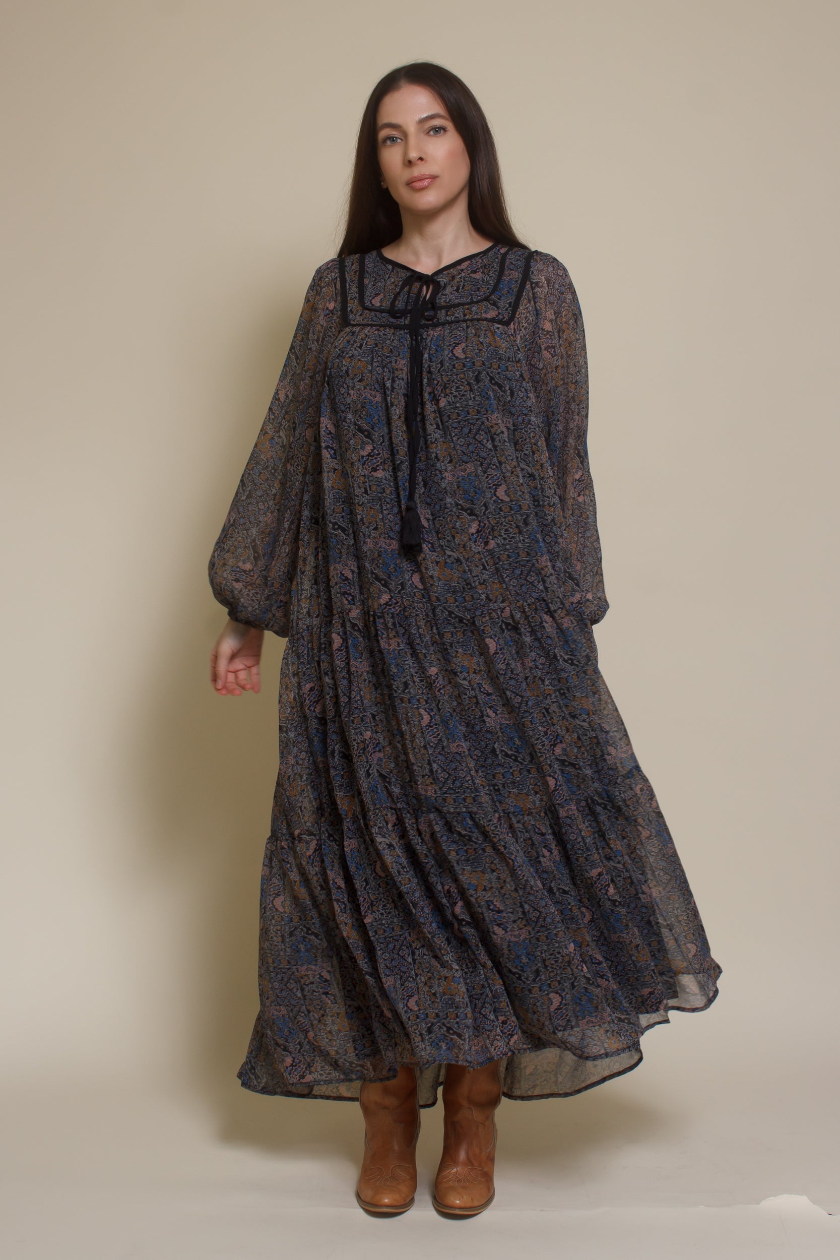 In Loom medallion print long sleeve midi dress, in black multi.