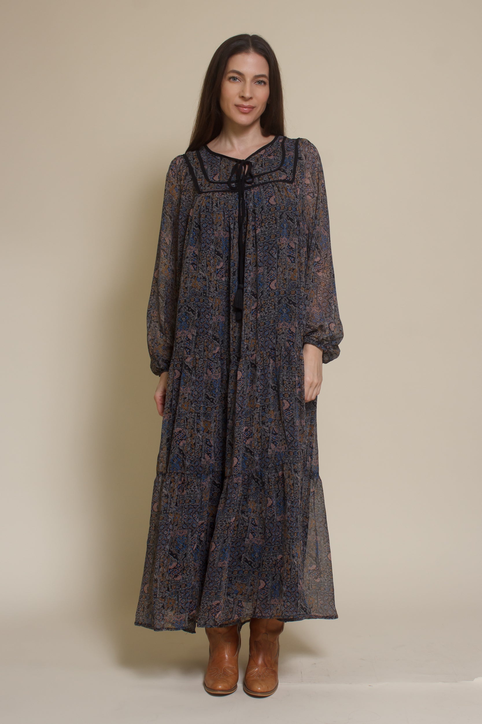 In Loom medallion print long sleeve midi dress, in black multi.