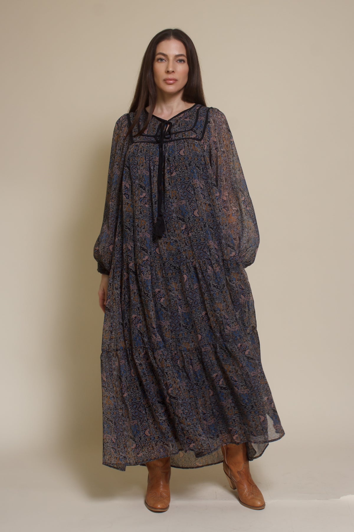 In Loom medallion print long sleeve midi dress, in black multi.