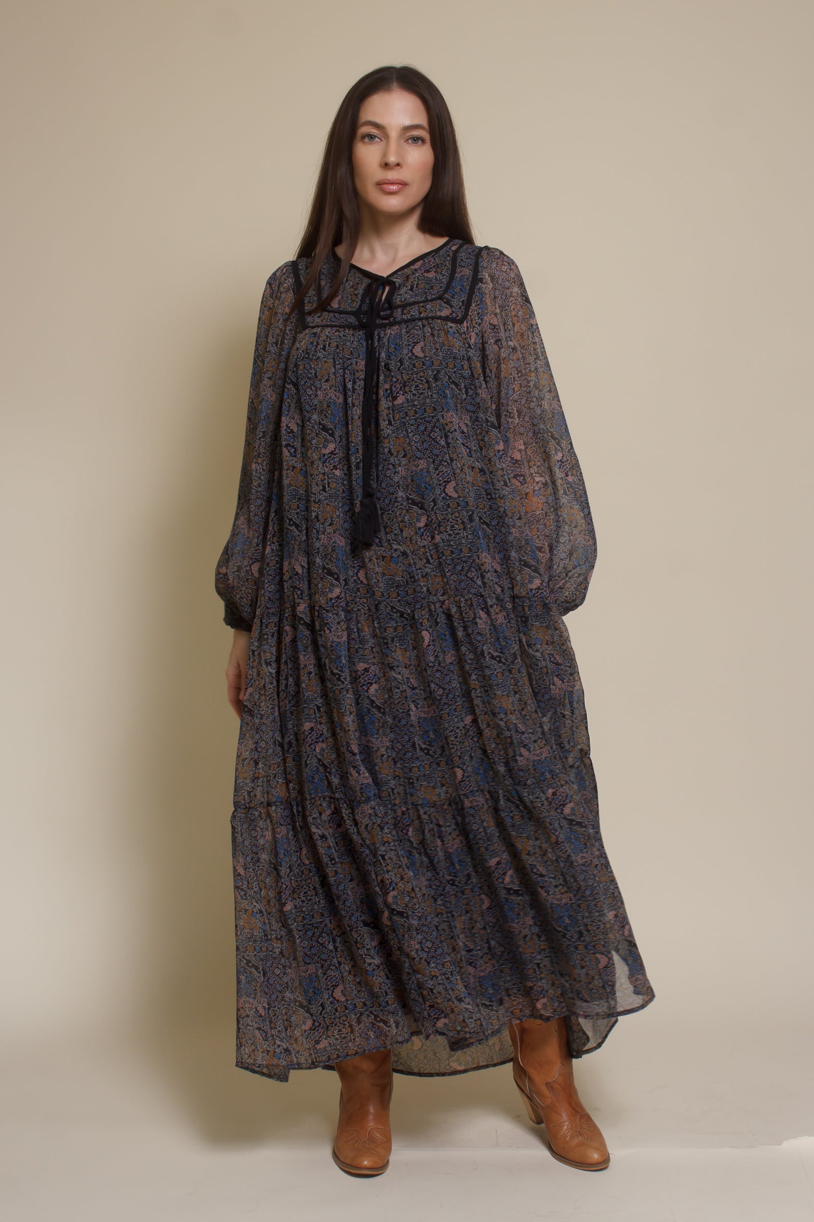 In Loom medallion print long sleeve midi dress, in black multi.