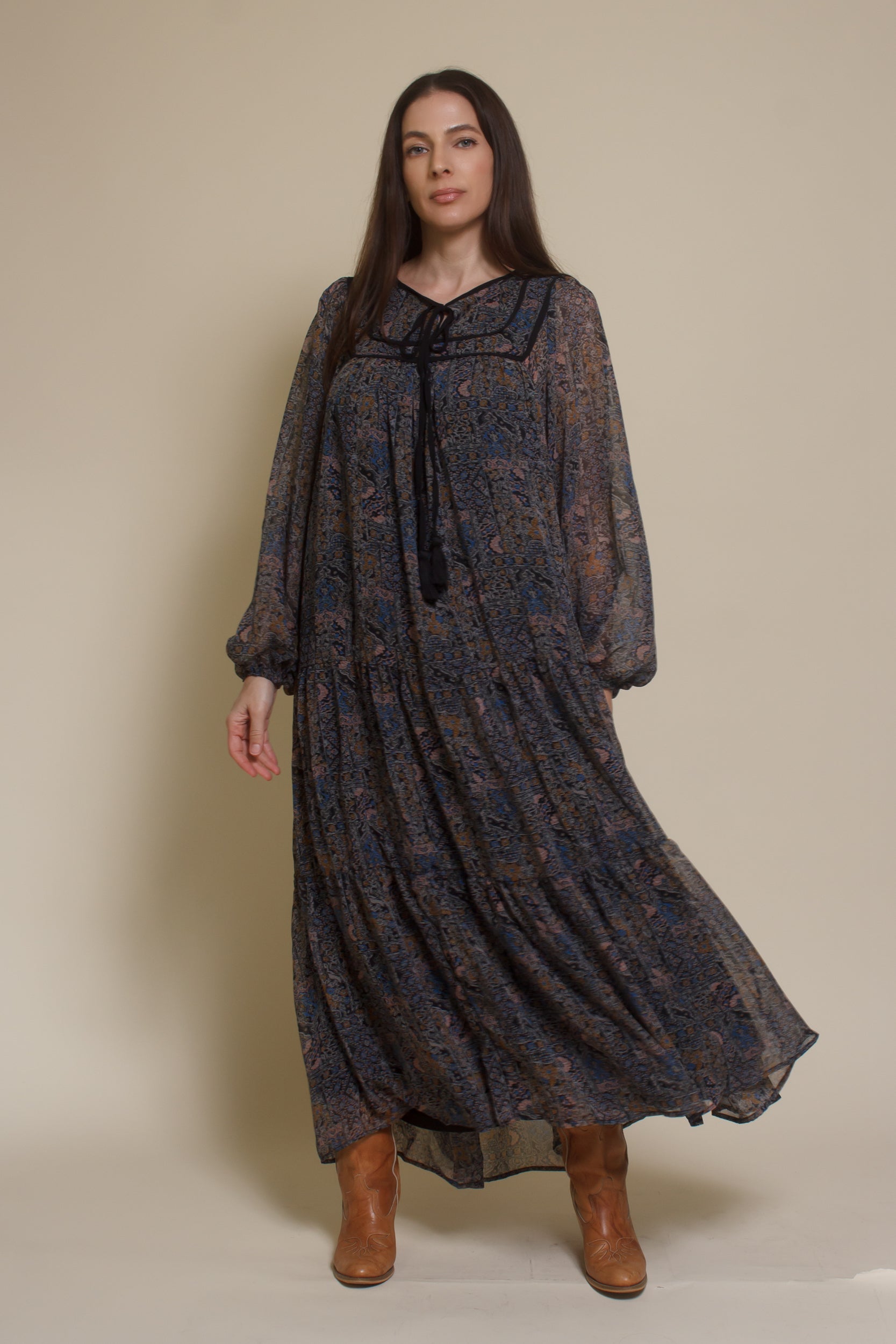In Loom medallion print long sleeve midi dress, in black multi.