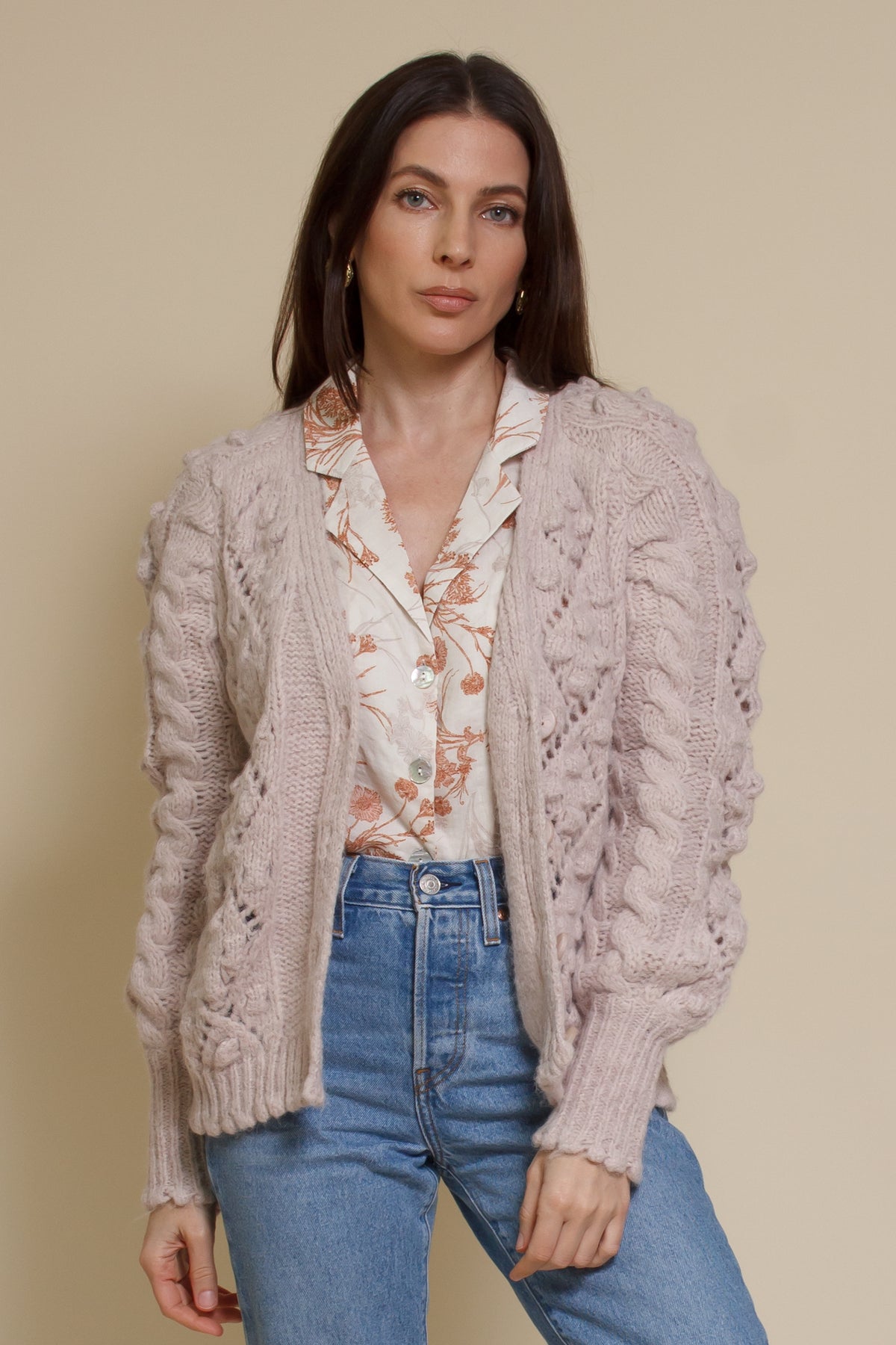 In Loom pointelle knit pom pom cardigan, in oatmeal.