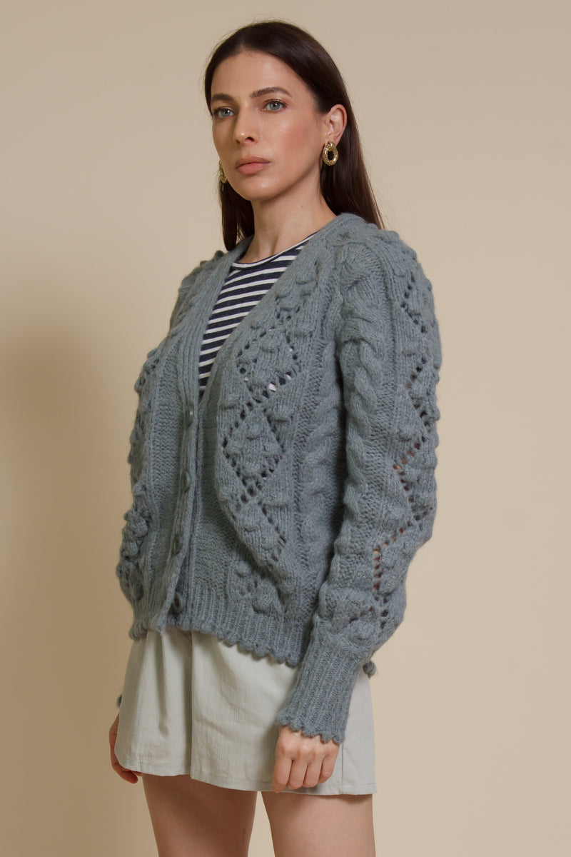 In Loom pointelle knit pom pom cardigan, in sage.