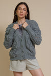 In Loom pointelle knit pom pom cardigan, in sage.