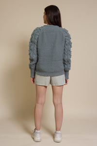 In Loom pointelle knit pom pom cardigan, in sage.