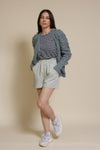 In Loom pointelle knit pom pom cardigan, in sage.