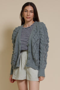 In Loom pointelle knit pom pom cardigan, in sage.