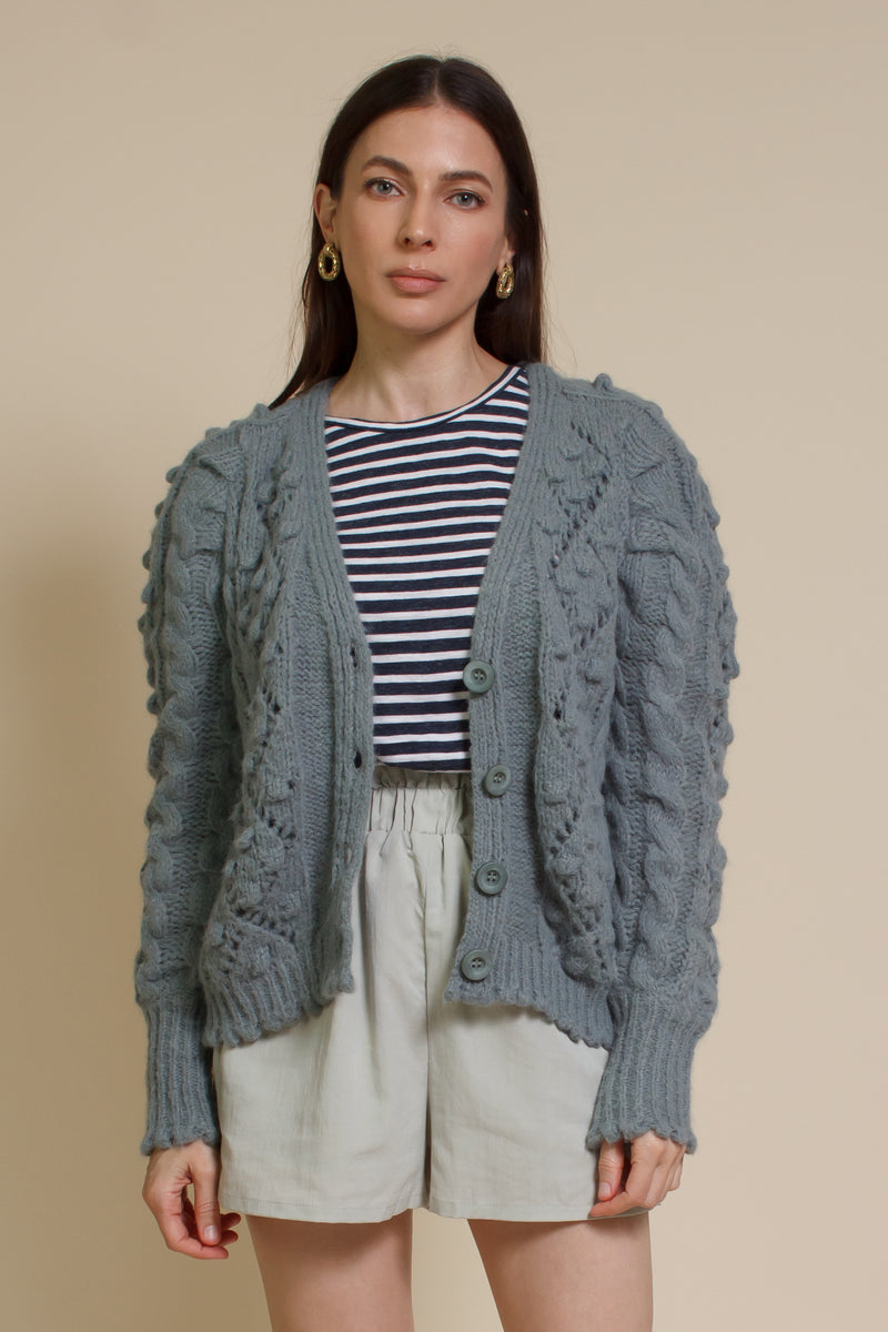 In Loom pointelle knit pom pom cardigan, in sage.