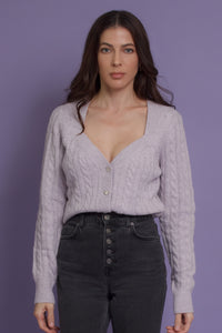 Sweetheart neckline cardigan with jeweled buttons, in lilac.