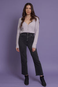 Sweetheart neckline cardigan with jeweled buttons, in lilac.