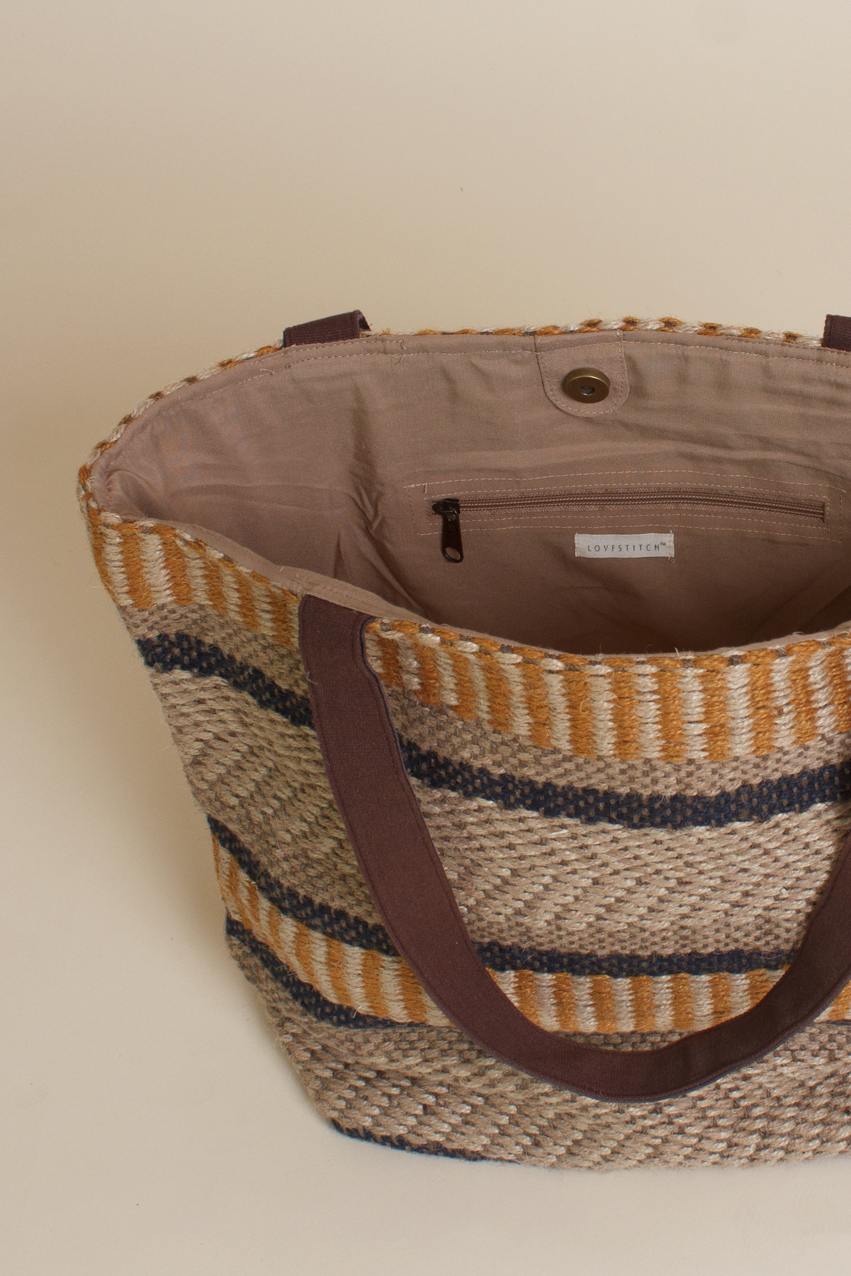 Lovestitch large jute tote bag, in mustard.