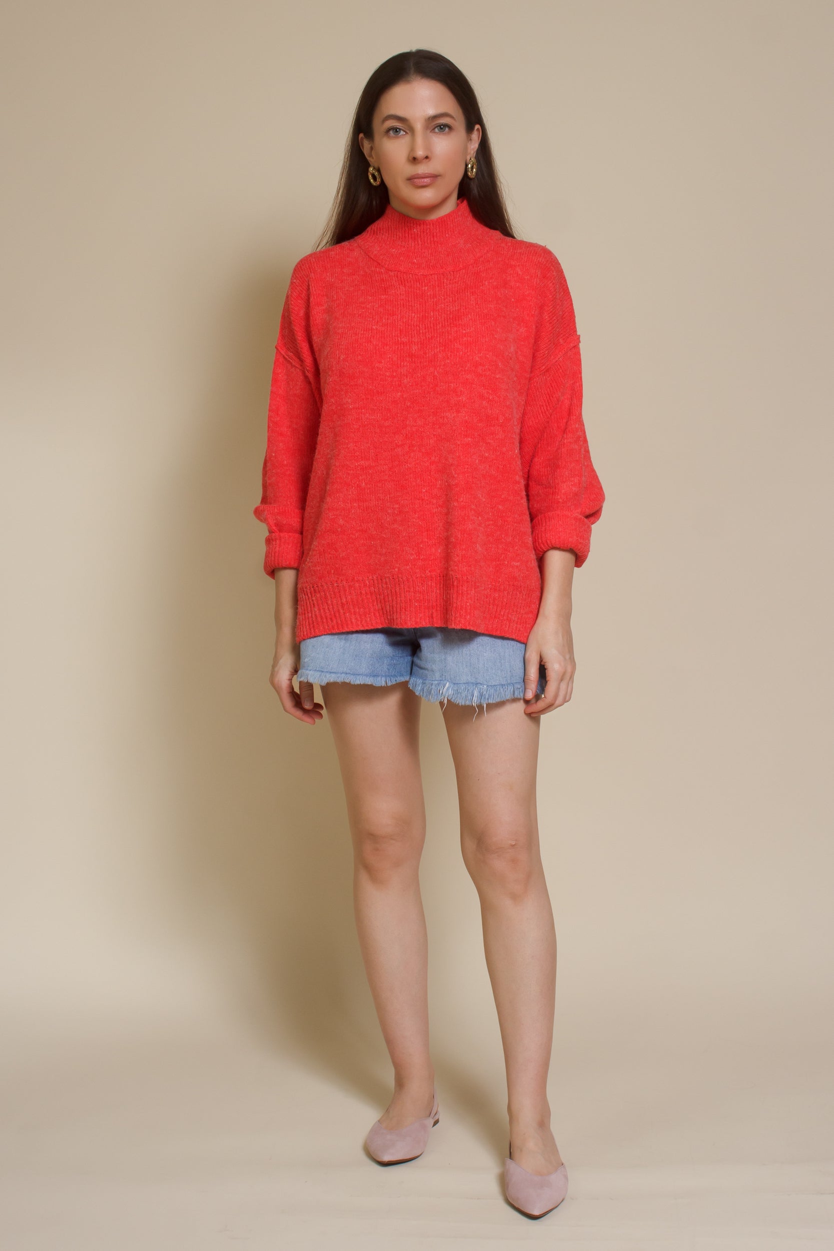 La Miel mock neck sweater, in tomato red.