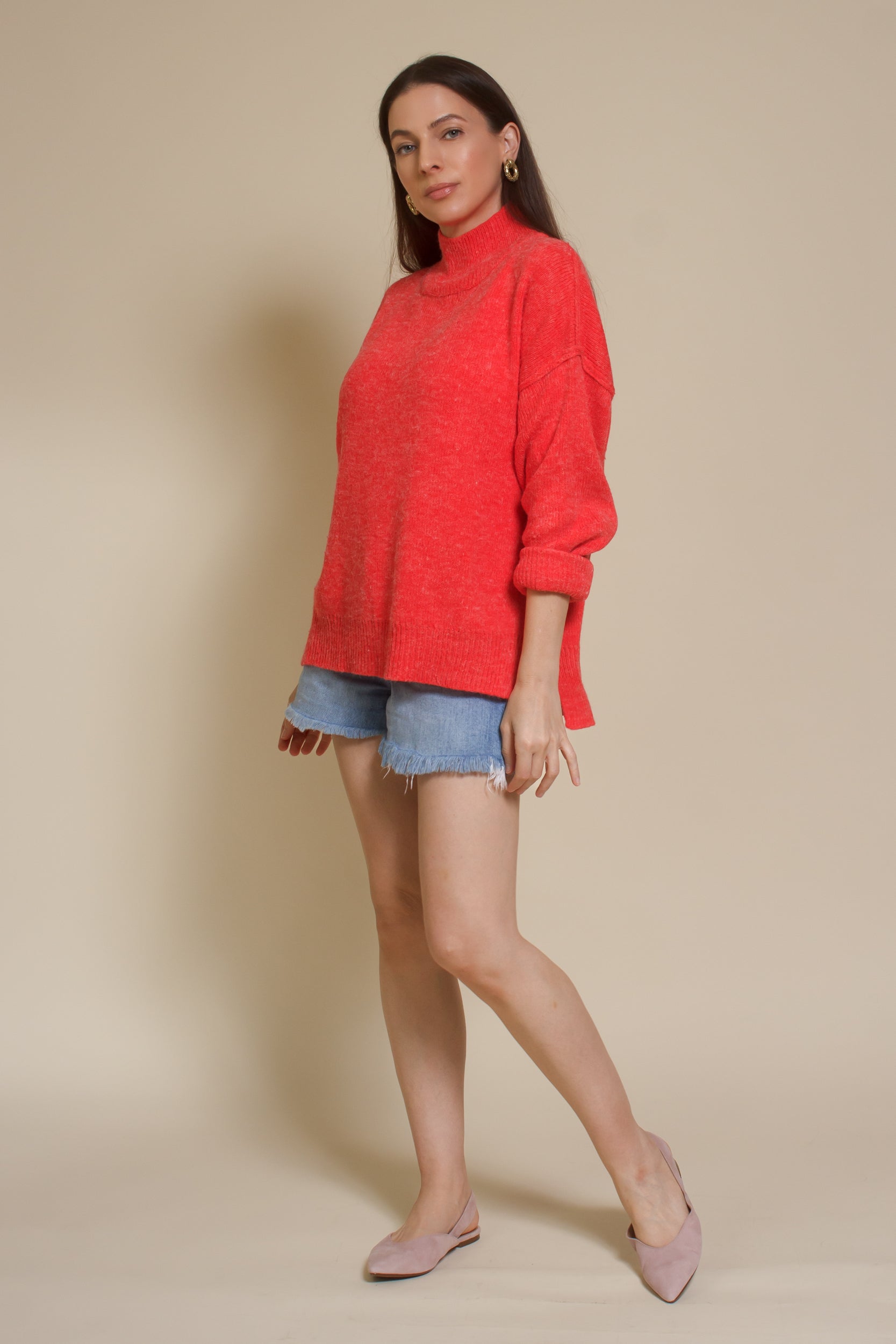 La Miel mock neck sweater, in tomato red.