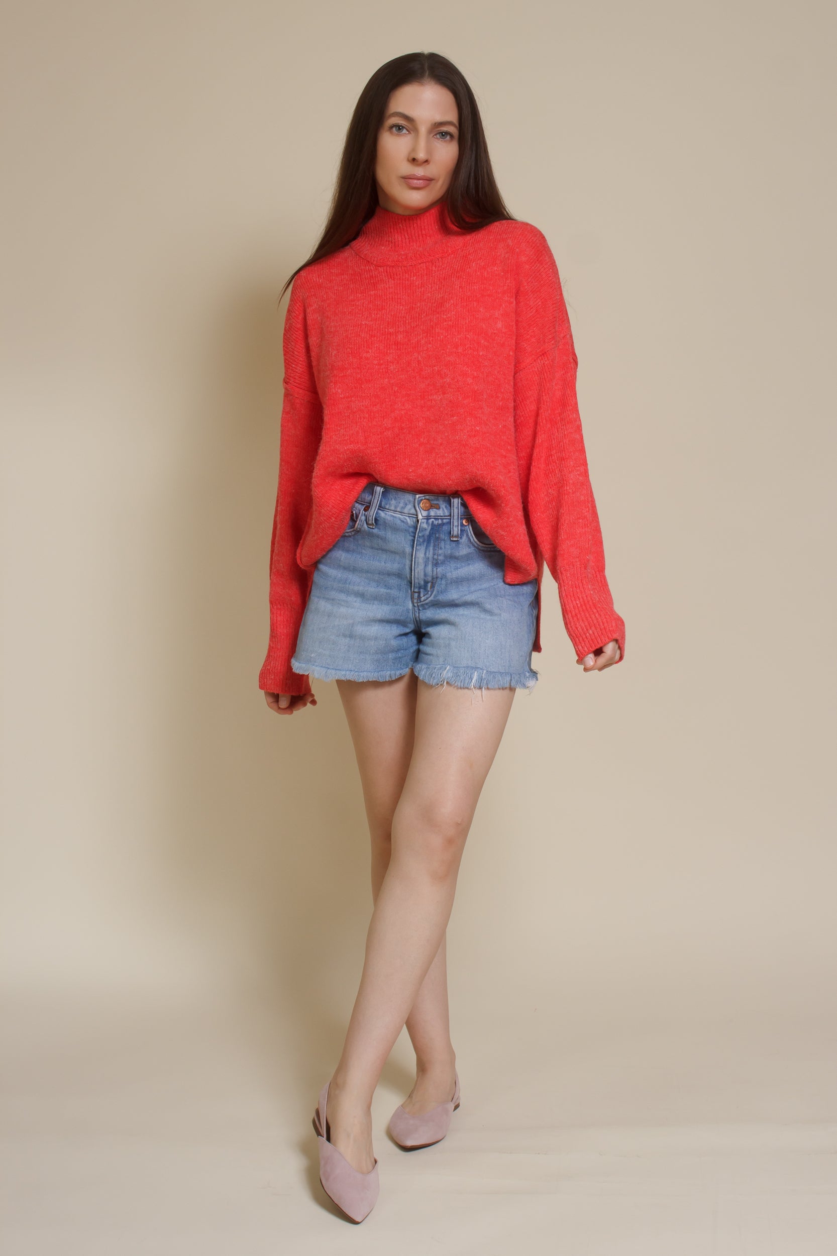 La Miel mock neck sweater, in tomato red.