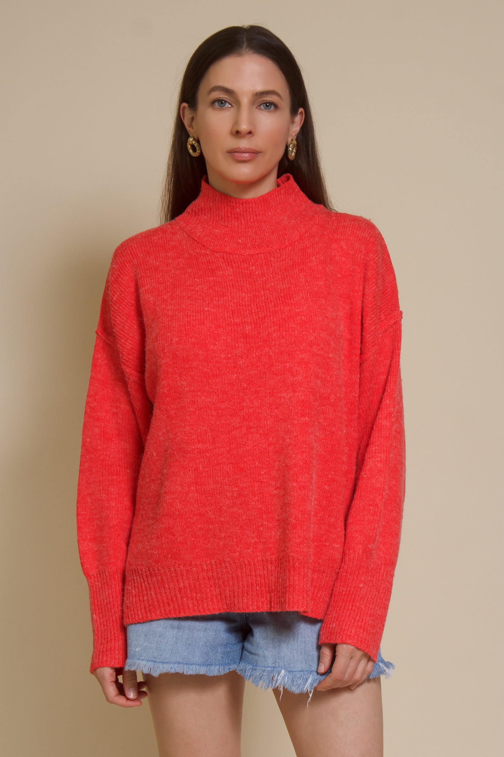 La Miel mock neck sweater, in tomato red.