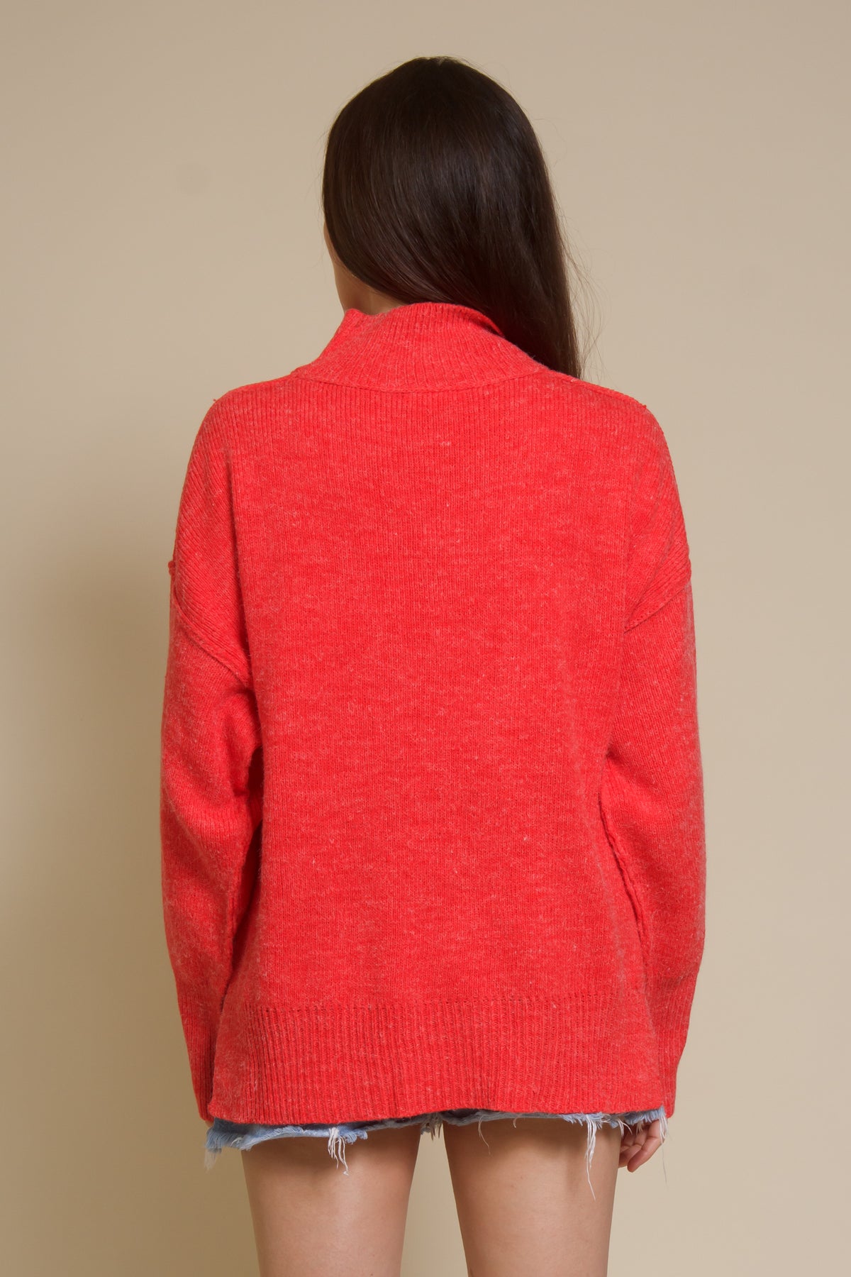 La Miel mock neck sweater, in tomato red.