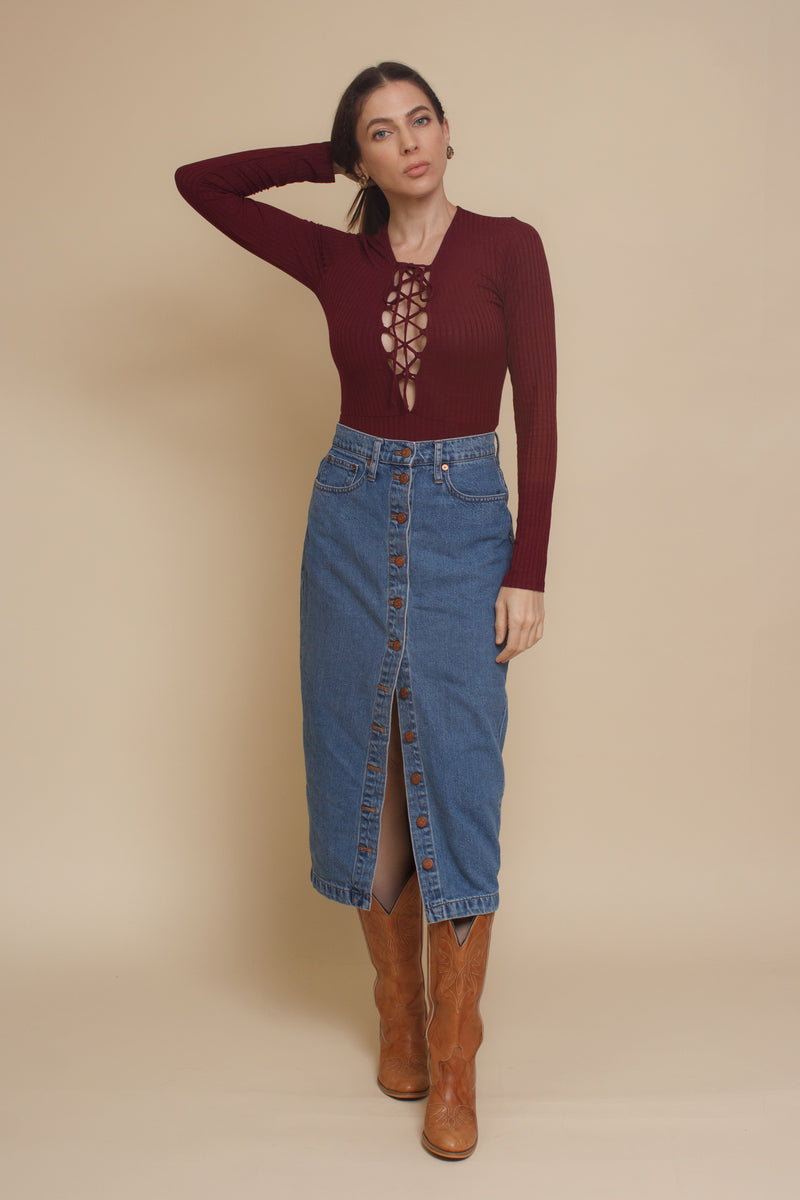 Lace up bodysuit, in wine.