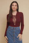 Lace up bodysuit, in wine.