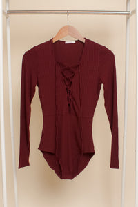 Lace up bodysuit, in wine.