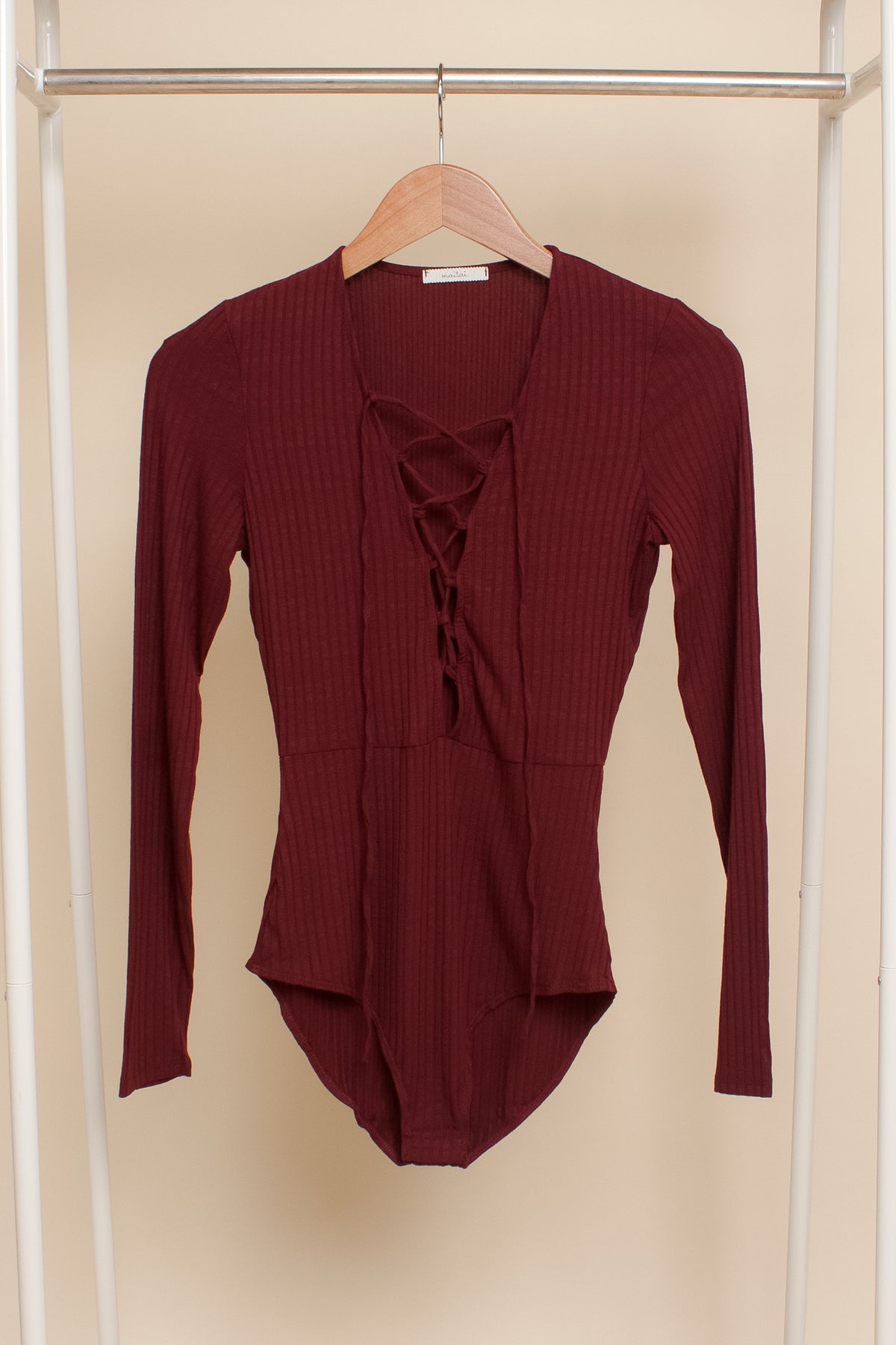 Lace up bodysuit, in wine.