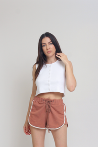 POL french terry cloth lace up shorts, in Copper. 
