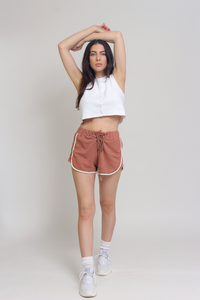 POL french terry cloth lace up shorts, in Copper. 