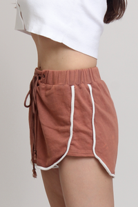 POL french terry cloth lace up shorts, in Copper. 