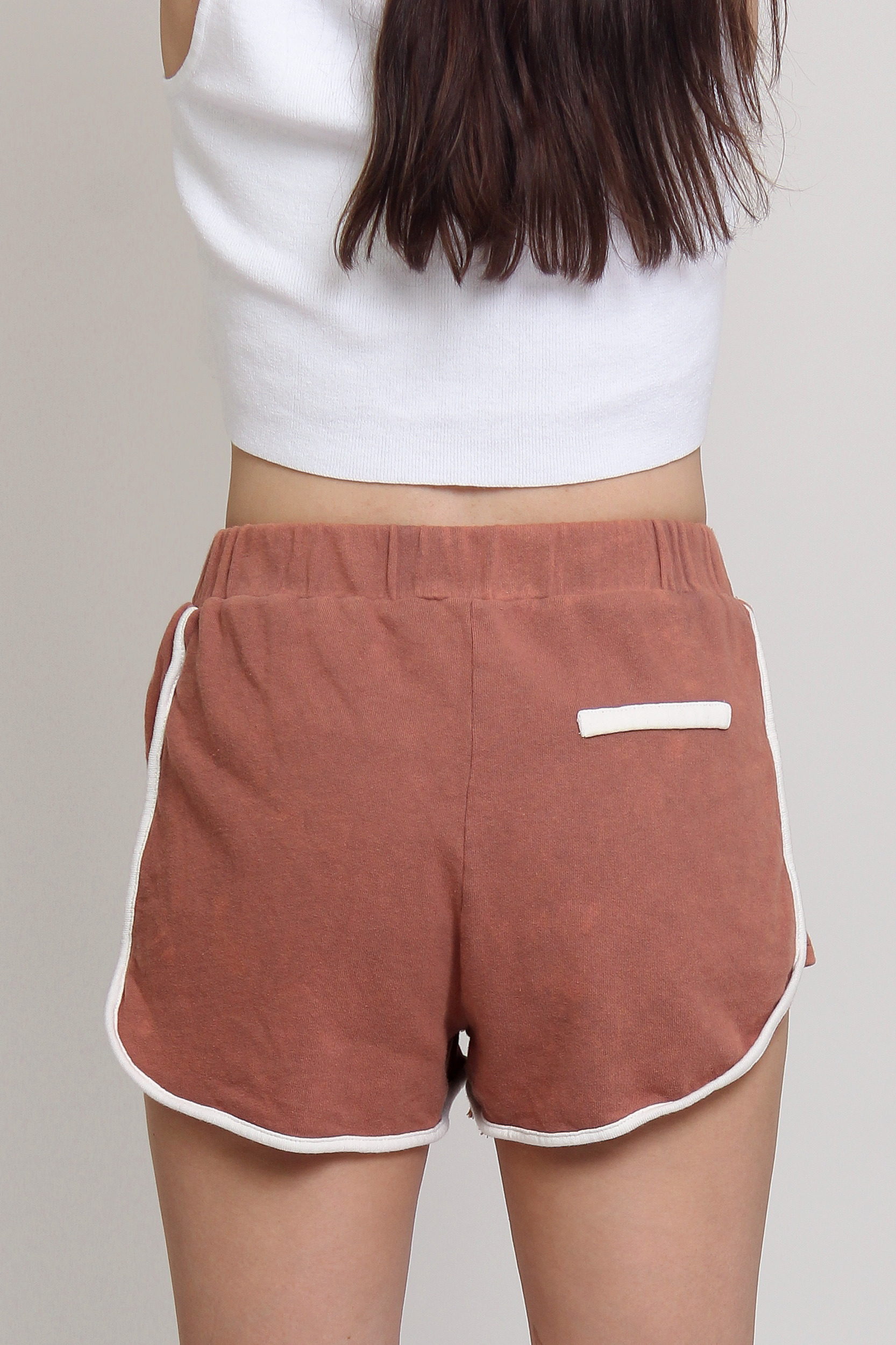 POL french terry cloth lace up shorts, in Copper. 