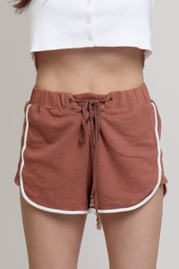 POL french terry cloth lace up shorts, in Copper. 