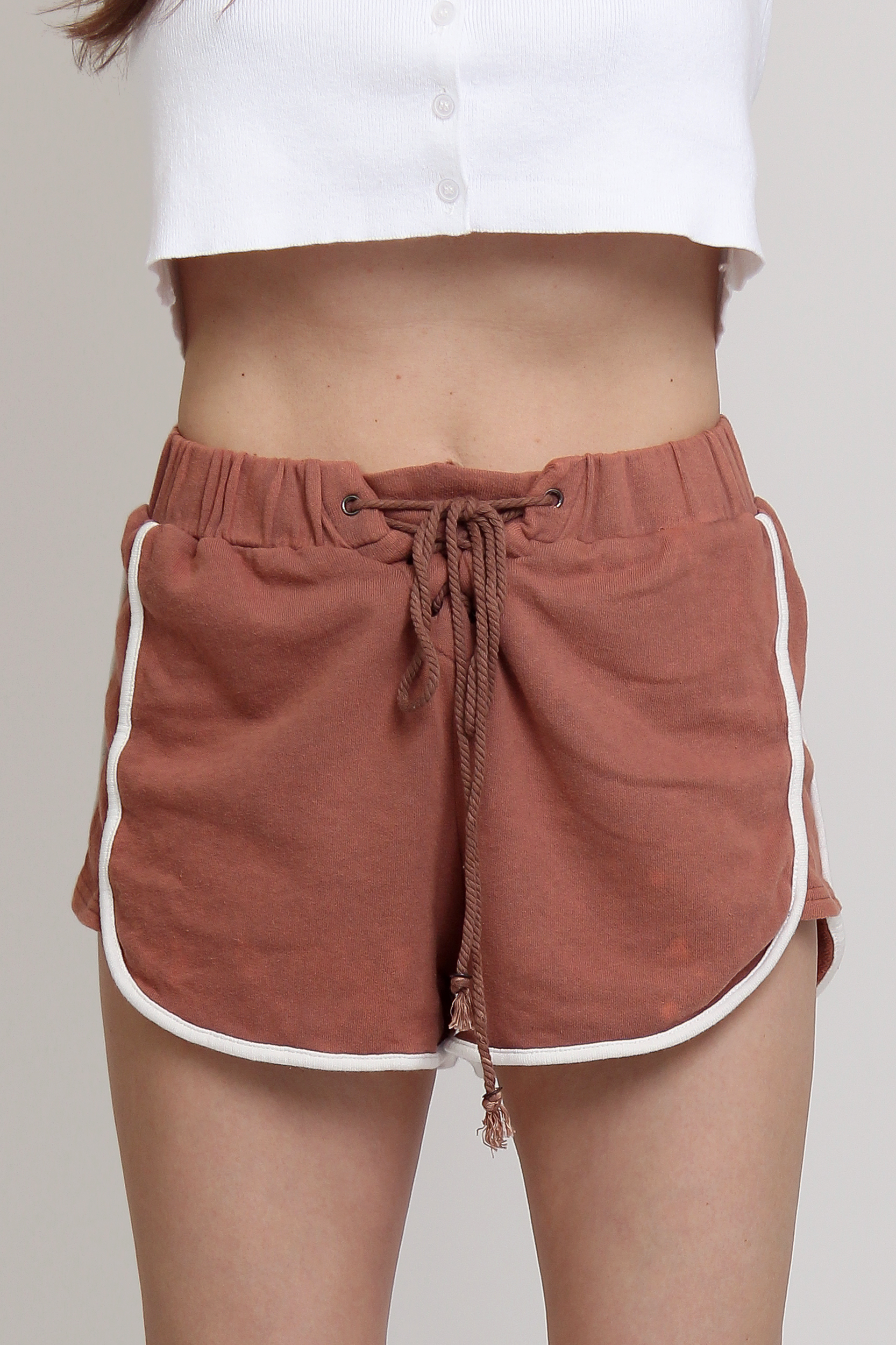 POL french terry cloth lace up shorts, in Copper. 