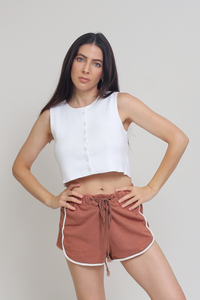 POL french terry cloth lace up shorts, in Copper. 
