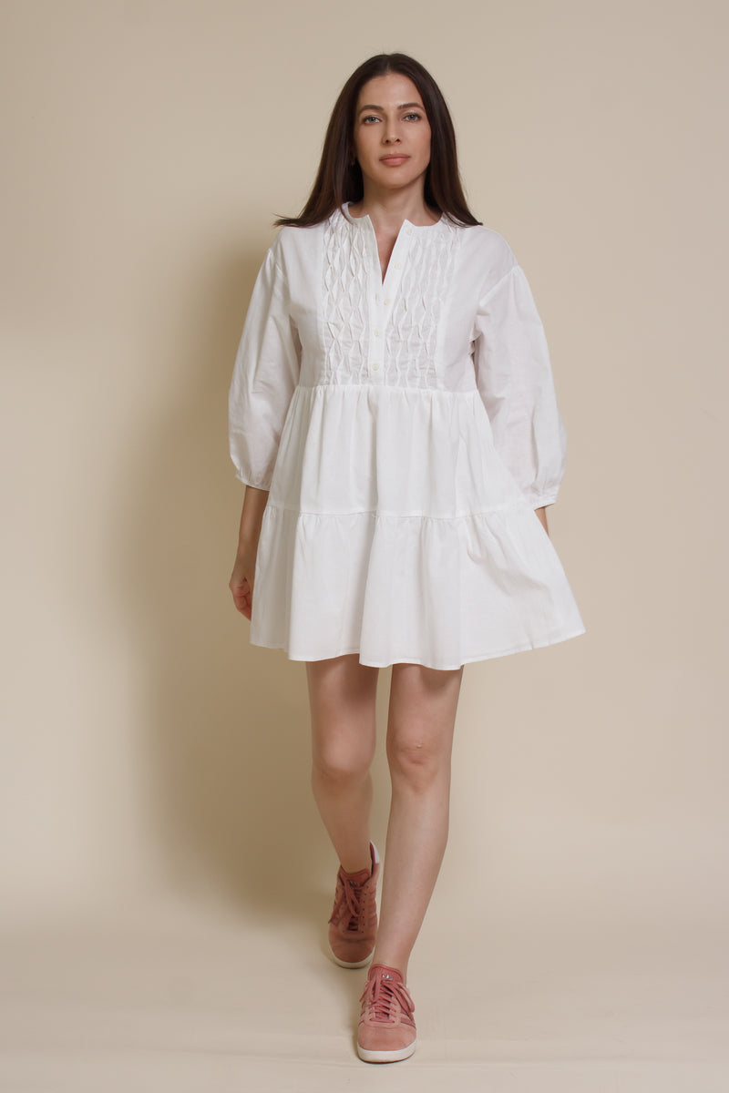 Lalavon mini shirt dress with partial button front, in off white.