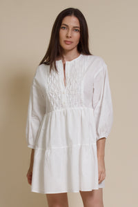 Lalavon mini shirt dress with partial button front, in off white.