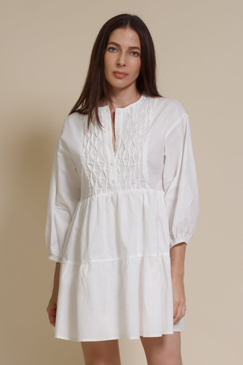 Lalavon mini shirt dress with partial button front, in off white.