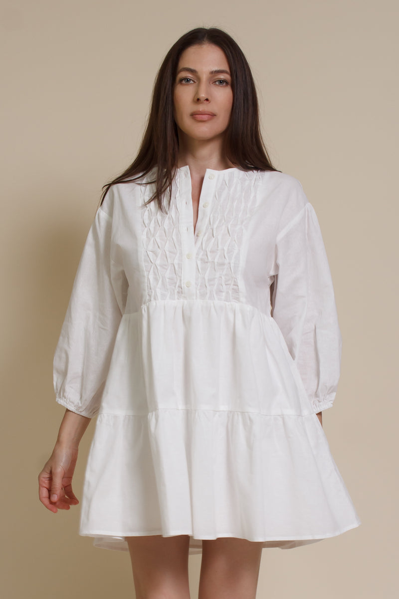 Lalavon mini shirt dress with partial button front, in off white.