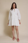 Lalavon mini shirt dress with partial button front, in off white.