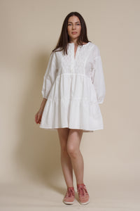 Lalavon mini shirt dress with partial button front, in off white.