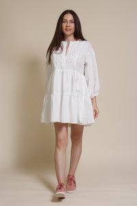 Lalavon mini shirt dress with partial button front, in off white.