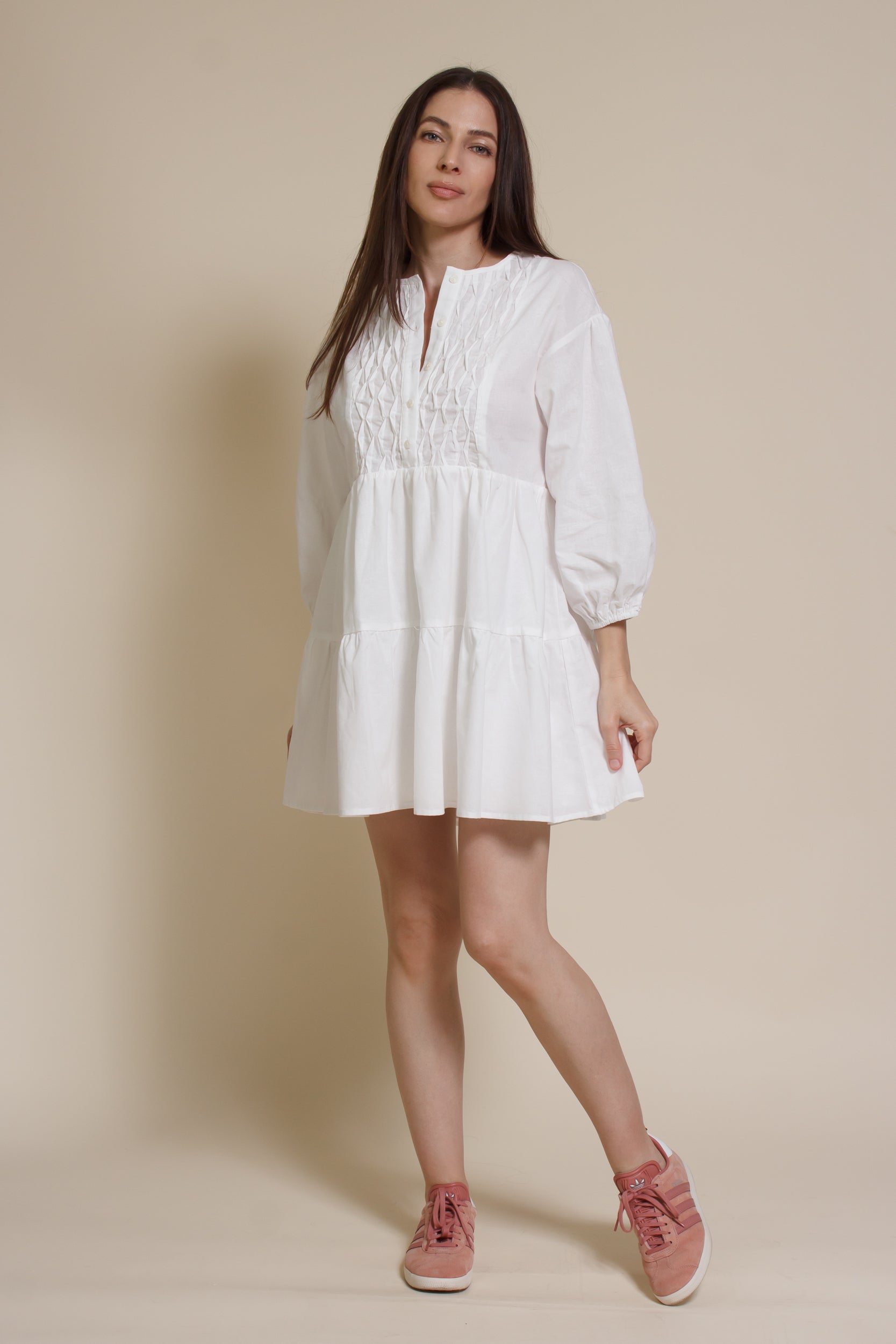 white mini shirt dress 100% Cotton White Long Sleeve Mini Shirt Dress - All Dress