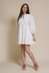 Lalavon mini shirt dress with partial button front, in off white.