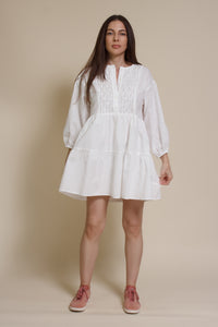 Lalavon mini shirt dress with partial button front, in off white.